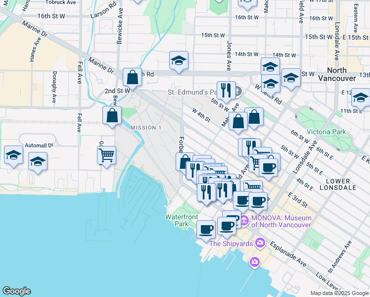 map of restaurants, bars, coffee shops, grocery stores, and more near in North Vancouver