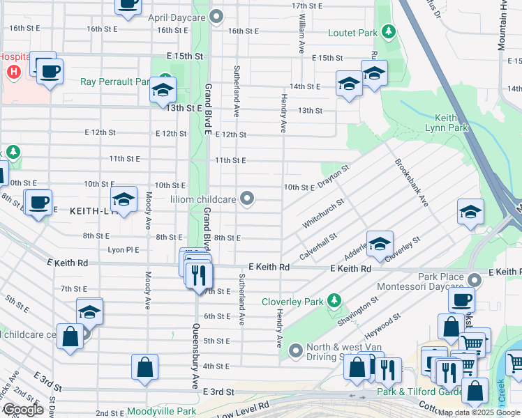 map of restaurants, bars, coffee shops, grocery stores, and more near 748 9th Street East in North Vancouver