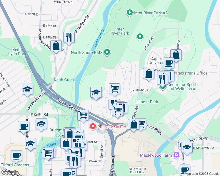 map of restaurants, bars, coffee shops, grocery stores, and more near 933 Premier Street in North Vancouver