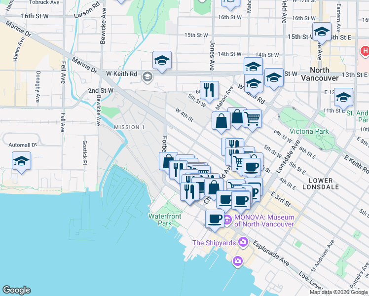 map of restaurants, bars, coffee shops, grocery stores, and more near 308 2nd Street West in North Vancouver