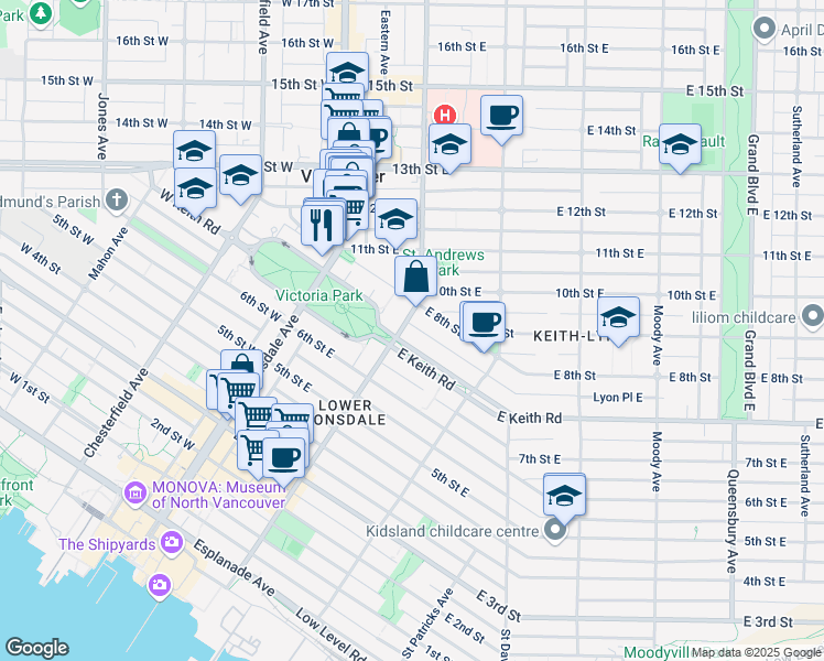 map of restaurants, bars, coffee shops, grocery stores, and more near 700 Saint Georges Avenue in North Vancouver