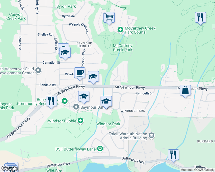 map of restaurants, bars, coffee shops, grocery stores, and more near 2870 Mount Seymour Parkway in North Vancouver