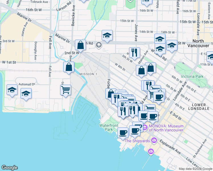 map of restaurants, bars, coffee shops, grocery stores, and more near in Vancouver