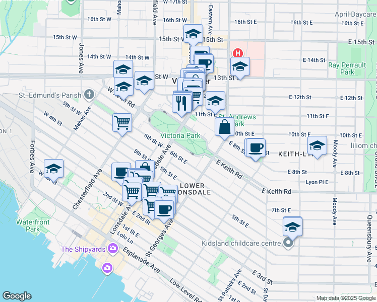 map of restaurants, bars, coffee shops, grocery stores, and more near 137 East Keith Road in North Vancouver