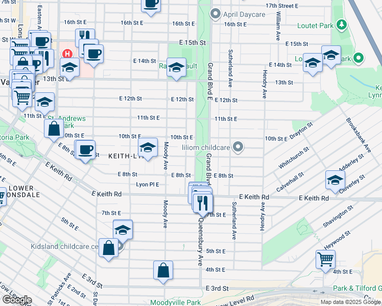 map of restaurants, bars, coffee shops, grocery stores, and more near 905 Grand Boulevard West in North Vancouver