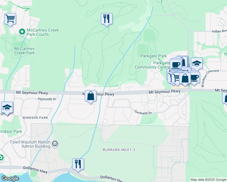 map of restaurants, bars, coffee shops, grocery stores, and more near 3318 Mount Seymour Parkway in North Vancouver