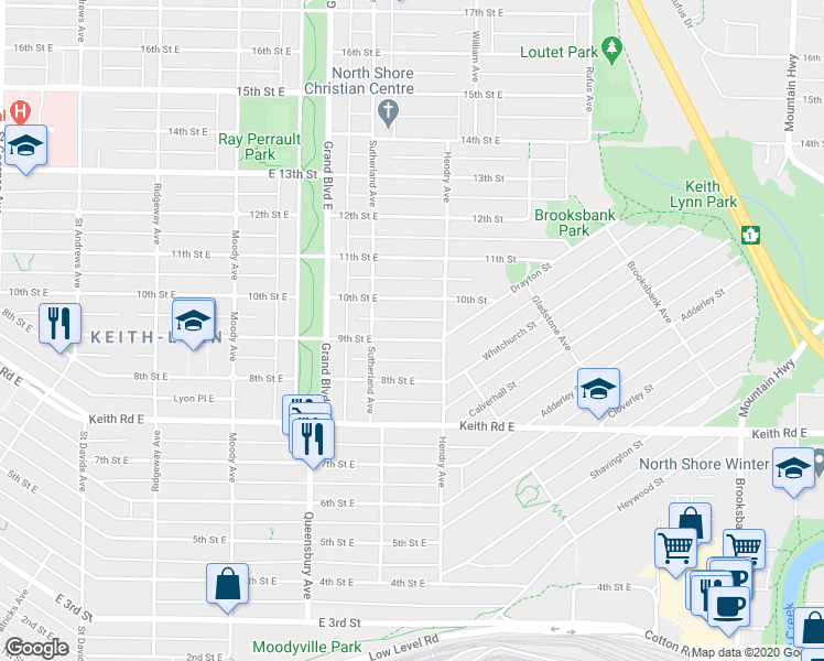 map of restaurants, bars, coffee shops, grocery stores, and more near 748 9th Street East in North Vancouver