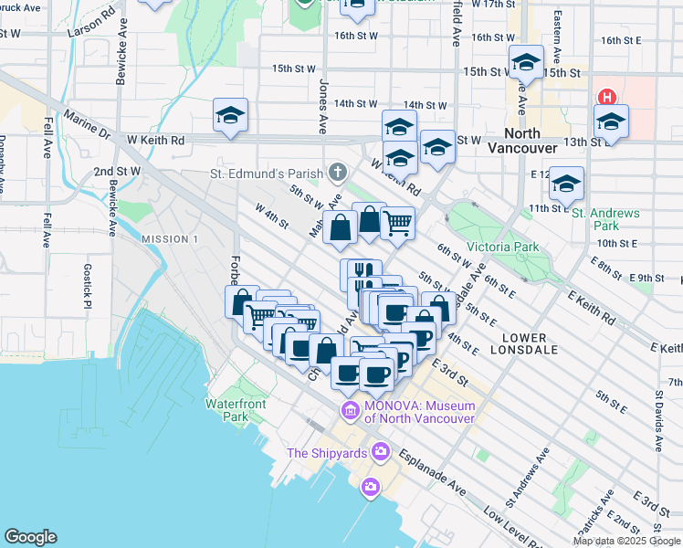 map of restaurants, bars, coffee shops, grocery stores, and more near in North Vancouver