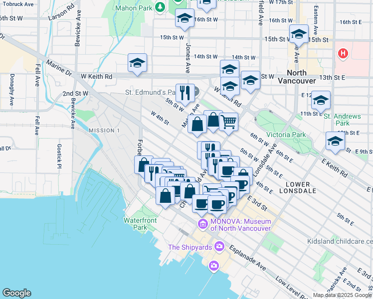 map of restaurants, bars, coffee shops, grocery stores, and more near in North Vancouver