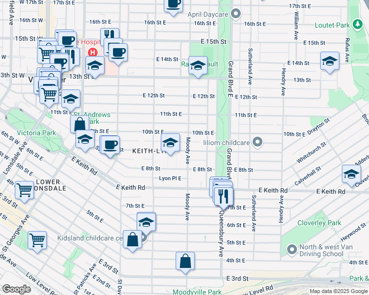 map of restaurants, bars, coffee shops, grocery stores, and more near 909 Moody Avenue in North Vancouver