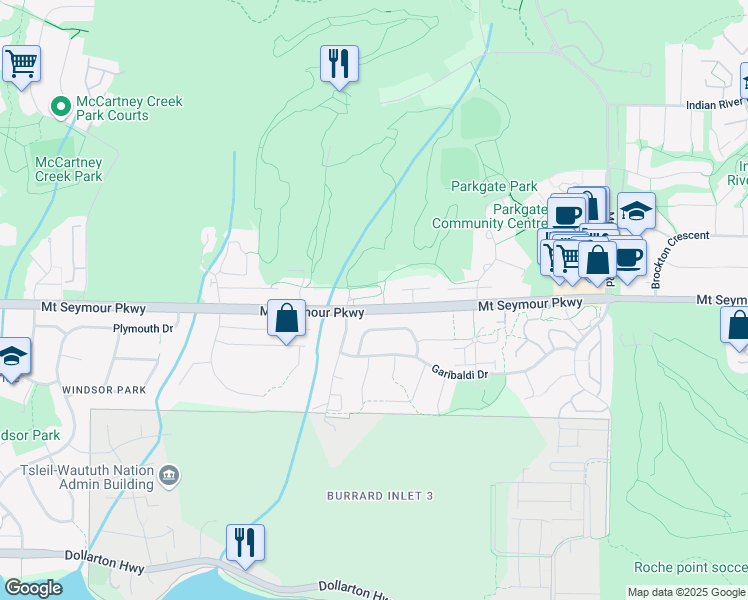 map of restaurants, bars, coffee shops, grocery stores, and more near 3360 Mount Seymour Parkway in North Vancouver