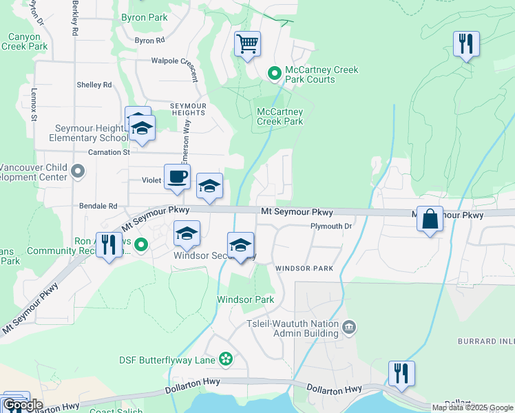 map of restaurants, bars, coffee shops, grocery stores, and more near 2998 Mount Seymour Parkway in North Vancouver