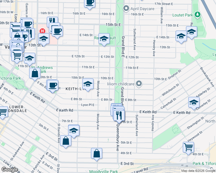 map of restaurants, bars, coffee shops, grocery stores, and more near 534 East 9th Street in North Vancouver