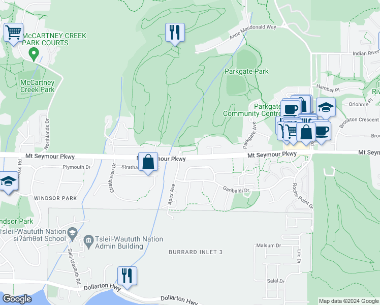 map of restaurants, bars, coffee shops, grocery stores, and more near 3334 Mount Seymour Parkway in North Vancouver