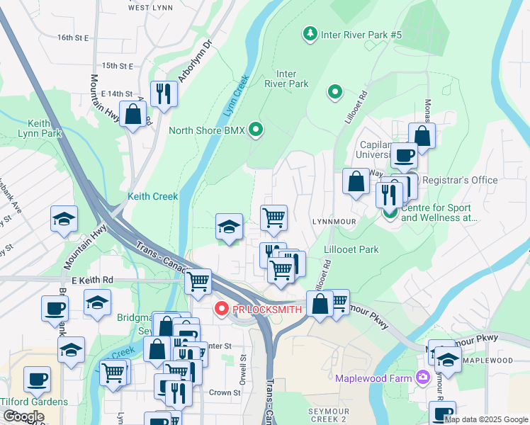 map of restaurants, bars, coffee shops, grocery stores, and more near 933 Premier Street in North Vancouver