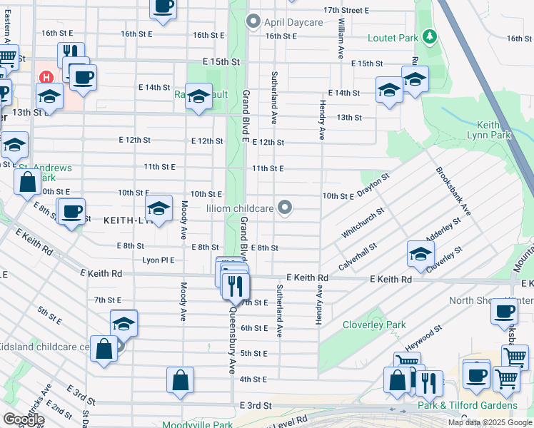 map of restaurants, bars, coffee shops, grocery stores, and more near 628 9th Street East in North Vancouver