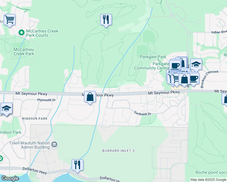 map of restaurants, bars, coffee shops, grocery stores, and more near 3320 Mount Seymour Parkway in North Vancouver
