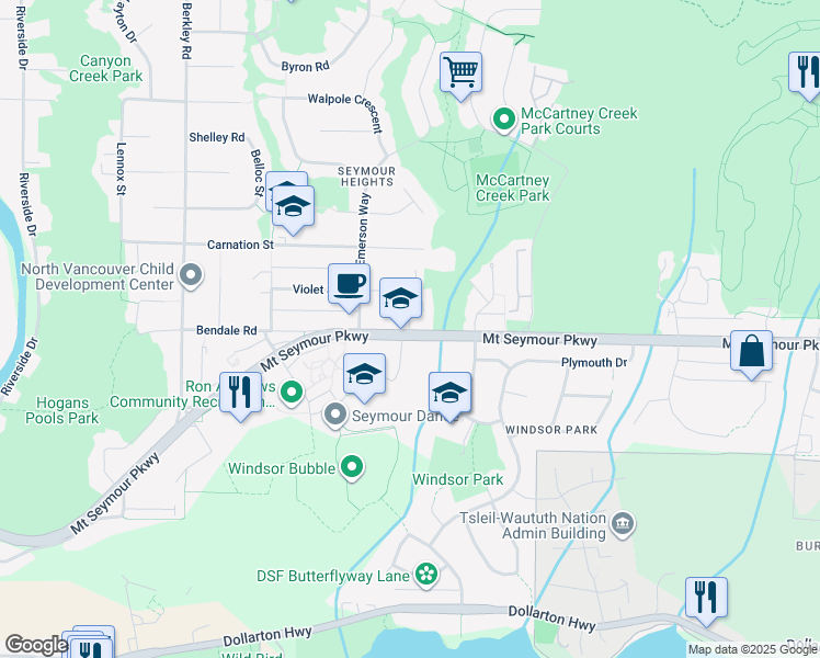 map of restaurants, bars, coffee shops, grocery stores, and more near 2820 Mount Seymour Parkway in North Vancouver