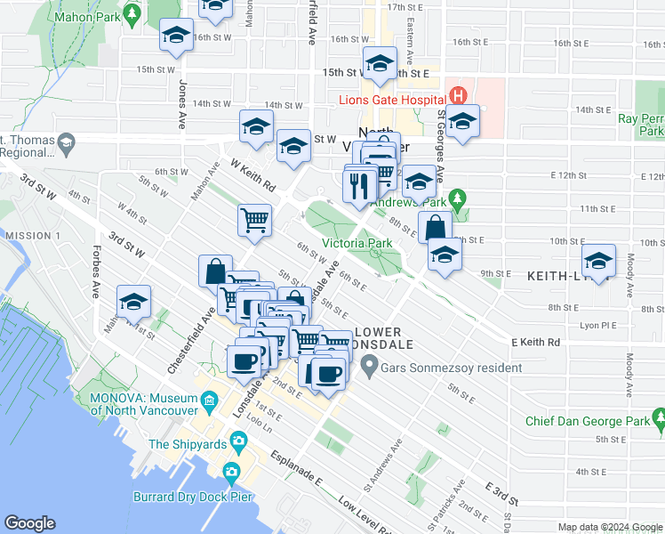 map of restaurants, bars, coffee shops, grocery stores, and more near 603 Lonsdale Avenue in North Vancouver