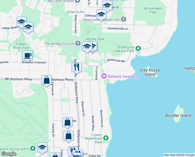 map of restaurants, bars, coffee shops, grocery stores, and more near 4388 Mount Seymour Parkway in North Vancouver