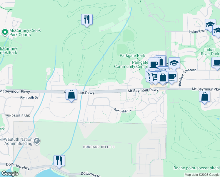 map of restaurants, bars, coffee shops, grocery stores, and more near 3410 Mount Seymour Parkway in North Vancouver