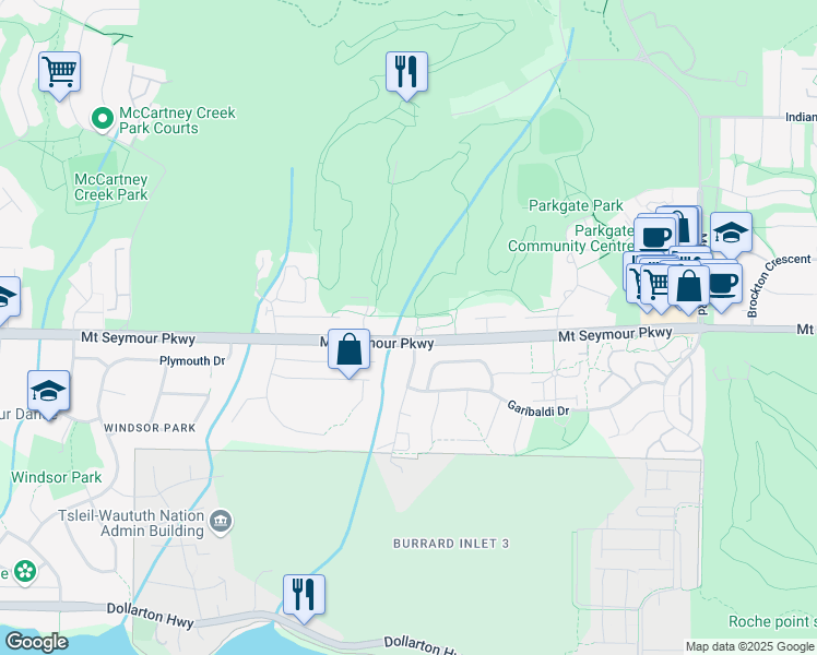 map of restaurants, bars, coffee shops, grocery stores, and more near 3294 Mount Seymour Parkway in North Vancouver