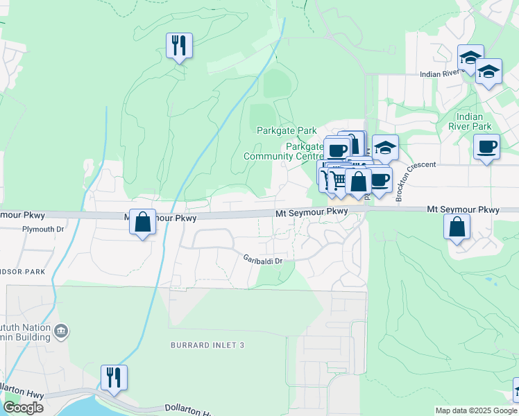 map of restaurants, bars, coffee shops, grocery stores, and more near 3468 Mount Seymour Parkway in North Vancouver