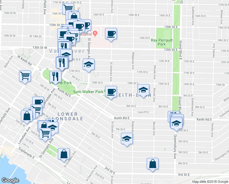 map of restaurants, bars, coffee shops, grocery stores, and more near 308 9th Street East in North Vancouver