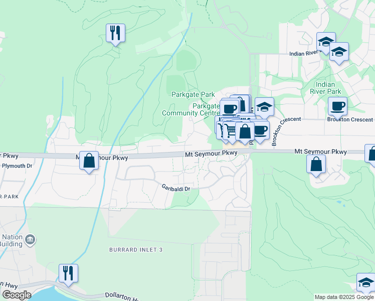 map of restaurants, bars, coffee shops, grocery stores, and more near 3508 Mount Seymour Parkway in North Vancouver