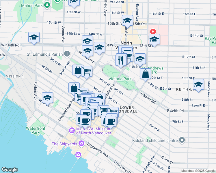 map of restaurants, bars, coffee shops, grocery stores, and more near 567 Lonsdale Avenue in North Vancouver