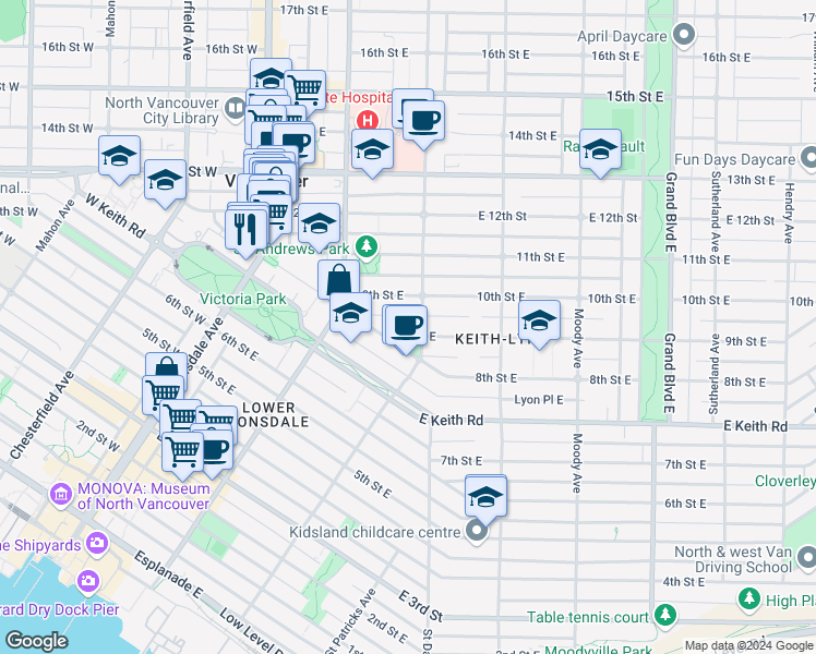 map of restaurants, bars, coffee shops, grocery stores, and more near 272 9th Street East in North Vancouver