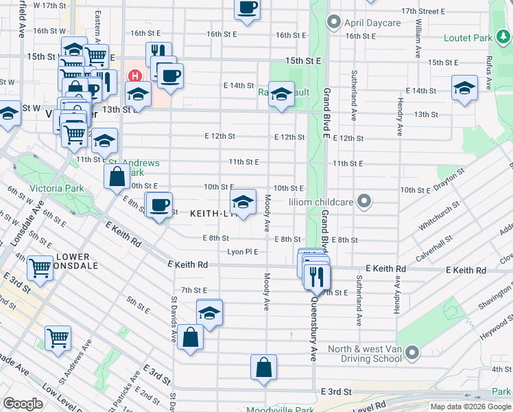 map of restaurants, bars, coffee shops, grocery stores, and more near 458 East 9th Street in North Vancouver