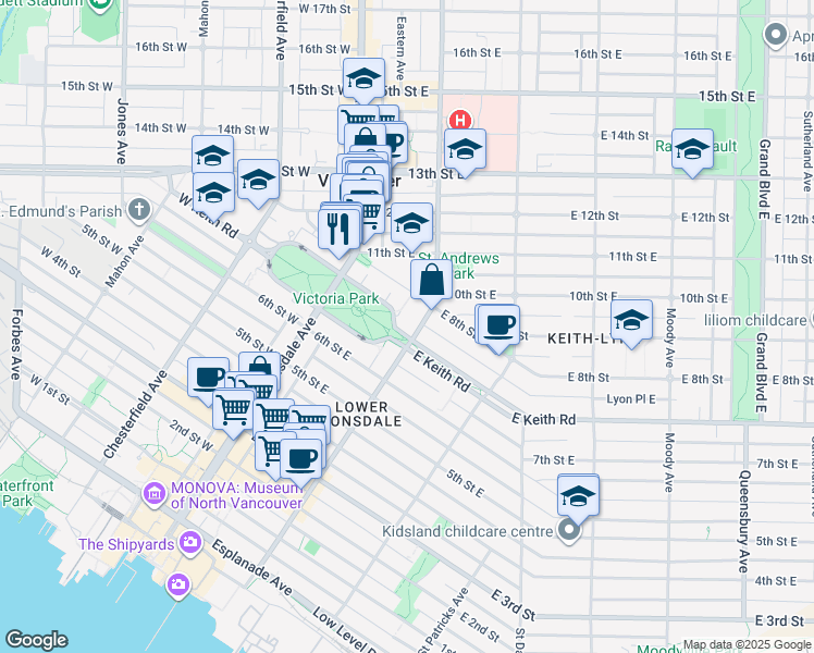 map of restaurants, bars, coffee shops, grocery stores, and more near 170 Keith Road East in North Vancouver