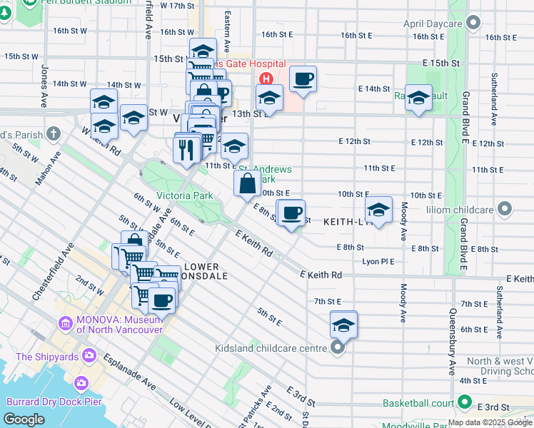 map of restaurants, bars, coffee shops, grocery stores, and more near 238 Keith Road East in North Vancouver