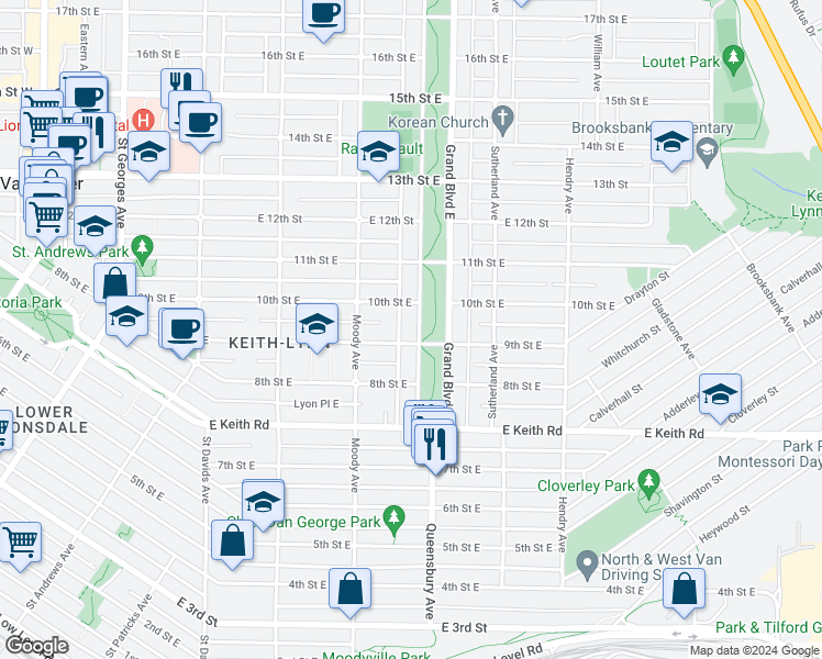 map of restaurants, bars, coffee shops, grocery stores, and more near 917 Grand Boulevard West in North Vancouver