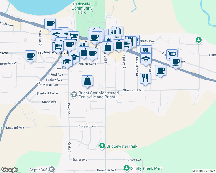 map of restaurants, bars, coffee shops, grocery stores, and more near 290 Corfield Street South in Parksville