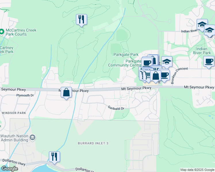 map of restaurants, bars, coffee shops, grocery stores, and more near 3428 Mount Seymour Parkway in North Vancouver