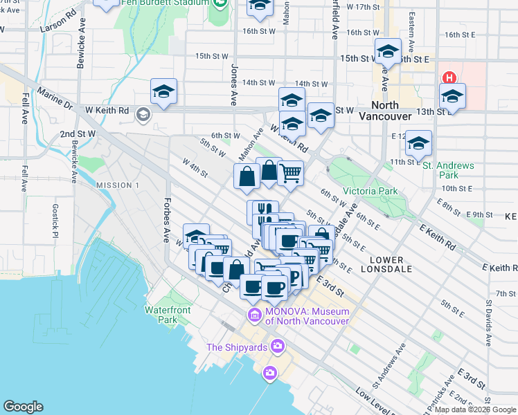 map of restaurants, bars, coffee shops, grocery stores, and more near in North Vancouver