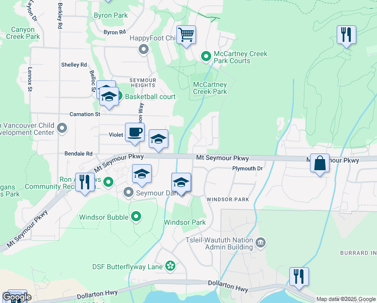 map of restaurants, bars, coffee shops, grocery stores, and more near 2870 Mount Seymour Parkway in North Vancouver
