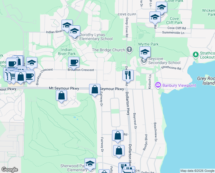 map of restaurants, bars, coffee shops, grocery stores, and more near 4158 Mount Seymour Parkway in North Vancouver