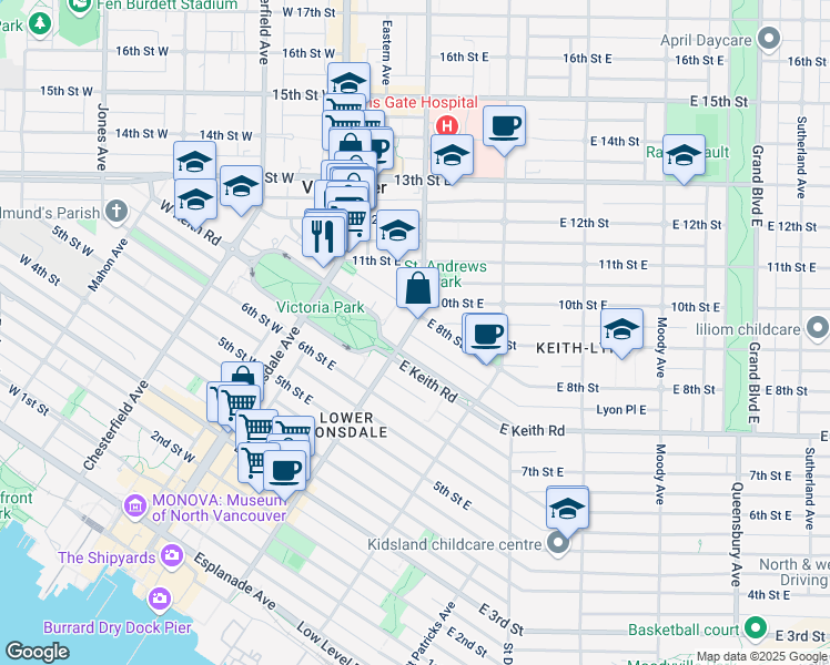 map of restaurants, bars, coffee shops, grocery stores, and more near 780 Saint Georges Avenue in North Vancouver
