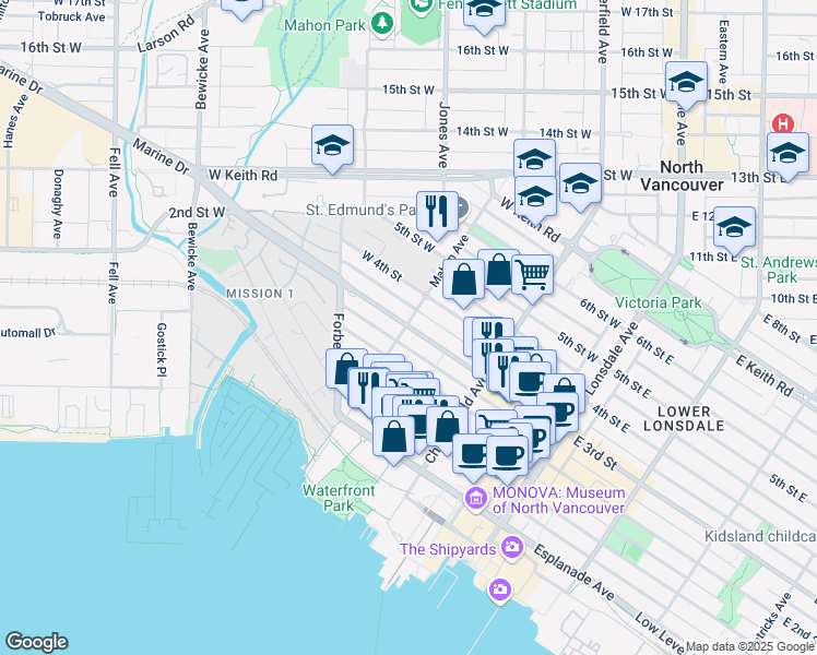 map of restaurants, bars, coffee shops, grocery stores, and more near in Vancouver