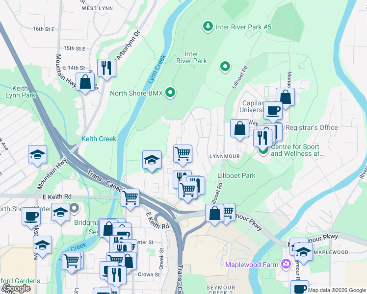 map of restaurants, bars, coffee shops, grocery stores, and more near 1116 Premier Street in North Vancouver