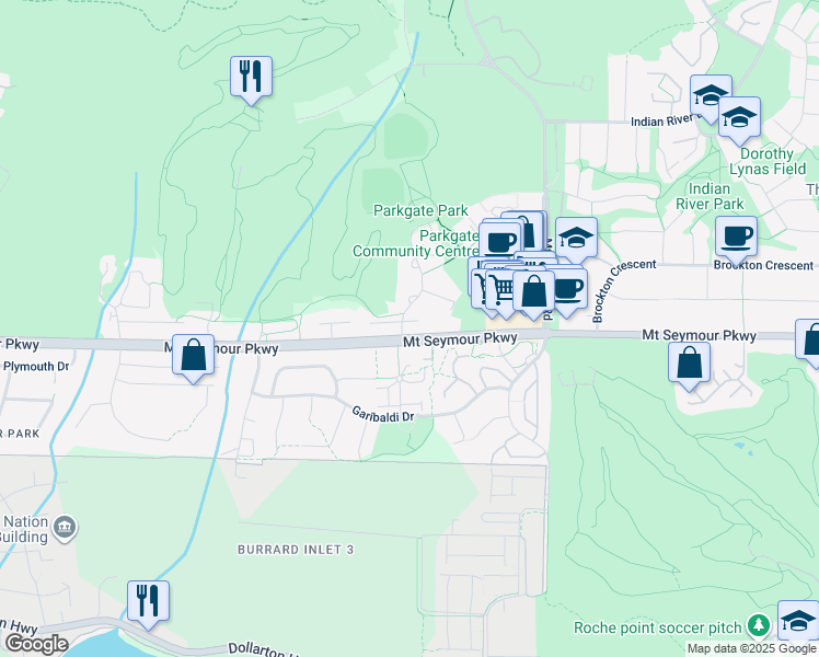 map of restaurants, bars, coffee shops, grocery stores, and more near in North Vancouver