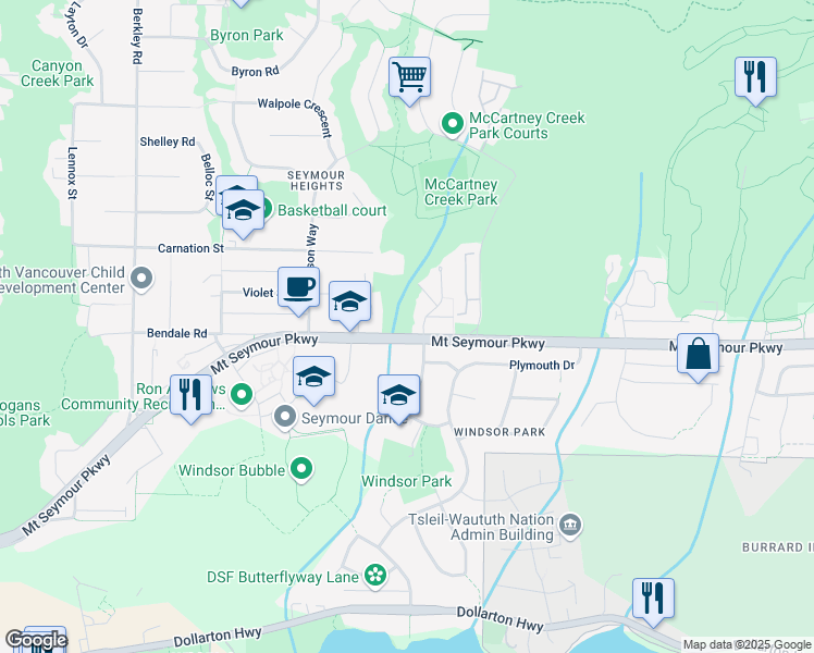 map of restaurants, bars, coffee shops, grocery stores, and more near 2868 Mount Seymour Parkway in North Vancouver
