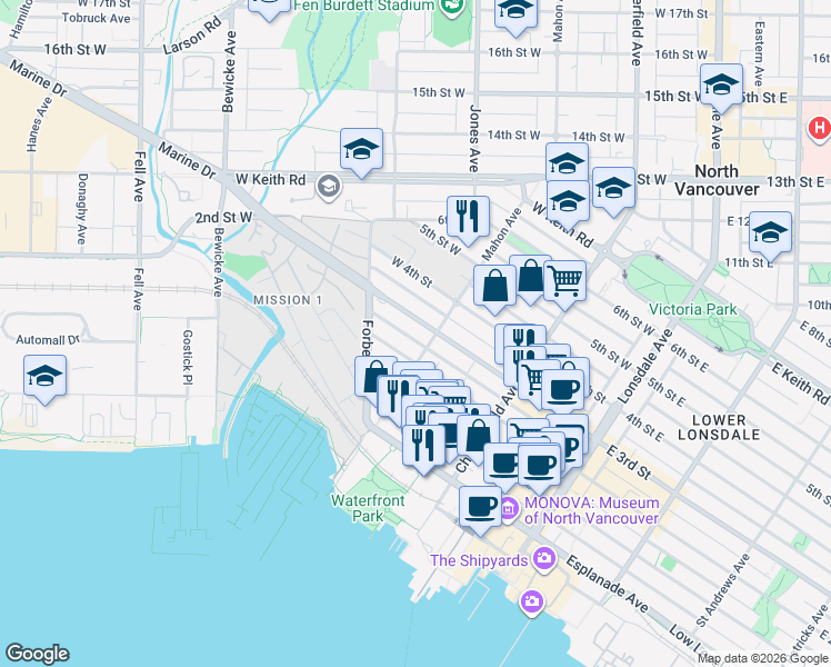 map of restaurants, bars, coffee shops, grocery stores, and more near 309 3rd Street West in North Vancouver