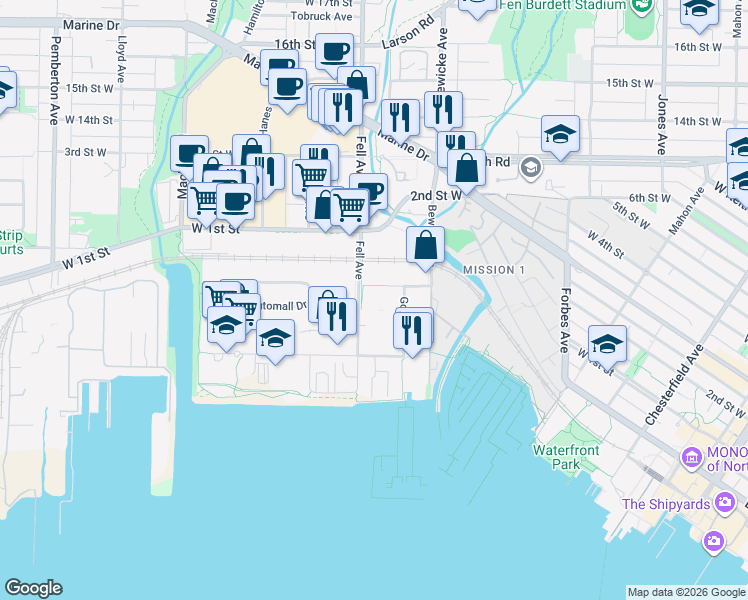 map of restaurants, bars, coffee shops, grocery stores, and more near 828 Fell Avenue in North Vancouver