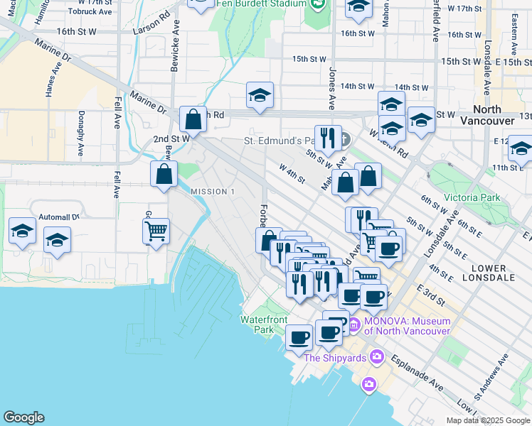 map of restaurants, bars, coffee shops, grocery stores, and more near 411 2nd Street West in North Vancouver