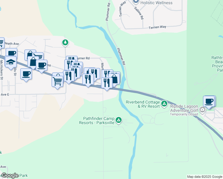 map of restaurants, bars, coffee shops, grocery stores, and more near 762 Island Highway East in Parksville