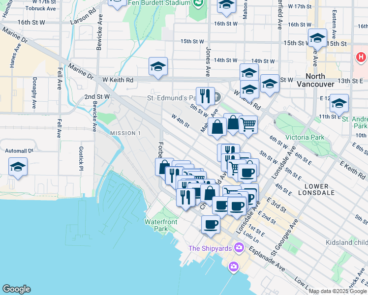 map of restaurants, bars, coffee shops, grocery stores, and more near in North Vancouver